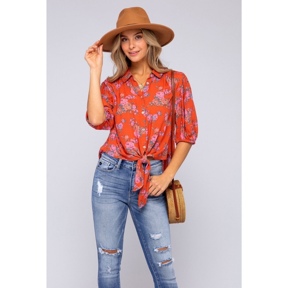 Free people Celia Tie Front Floral Blouse Size Xsmall